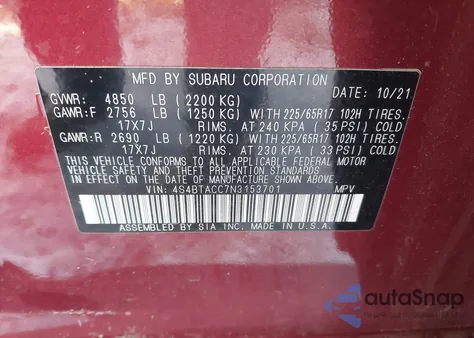 2022 Subaru Outback Premium from USA, damaged, VIN 4S4BTACC7N3153701